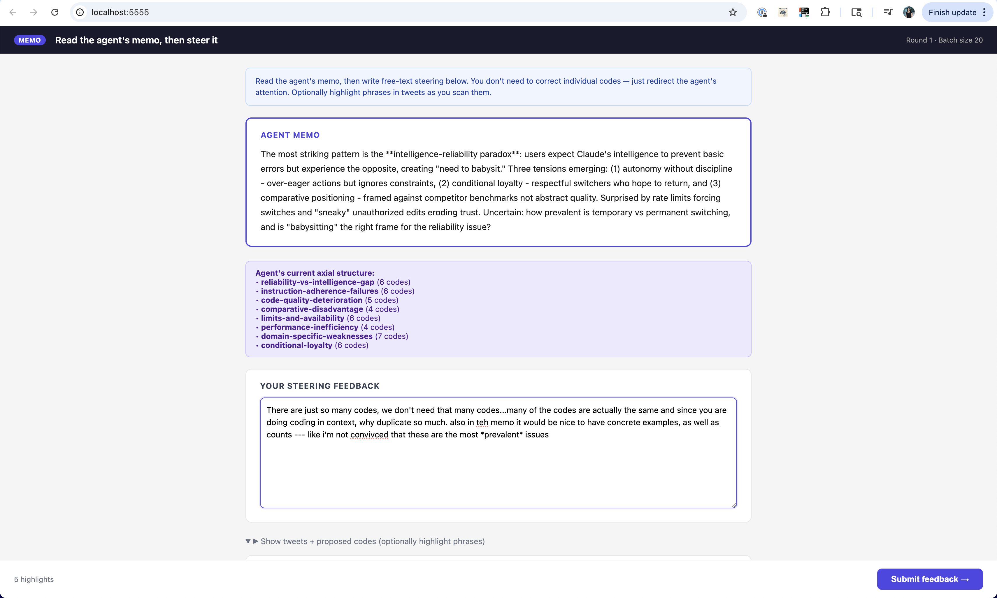 Per-tweet code-review interface generated by the agent